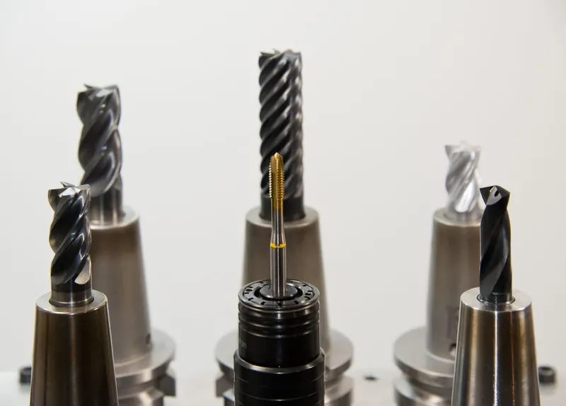 A detailed view of different drill bits used in industrial machining applications