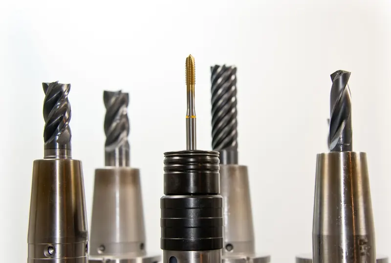 A close-up view of metal drill bits arranged vertically, showcasing industrial tools